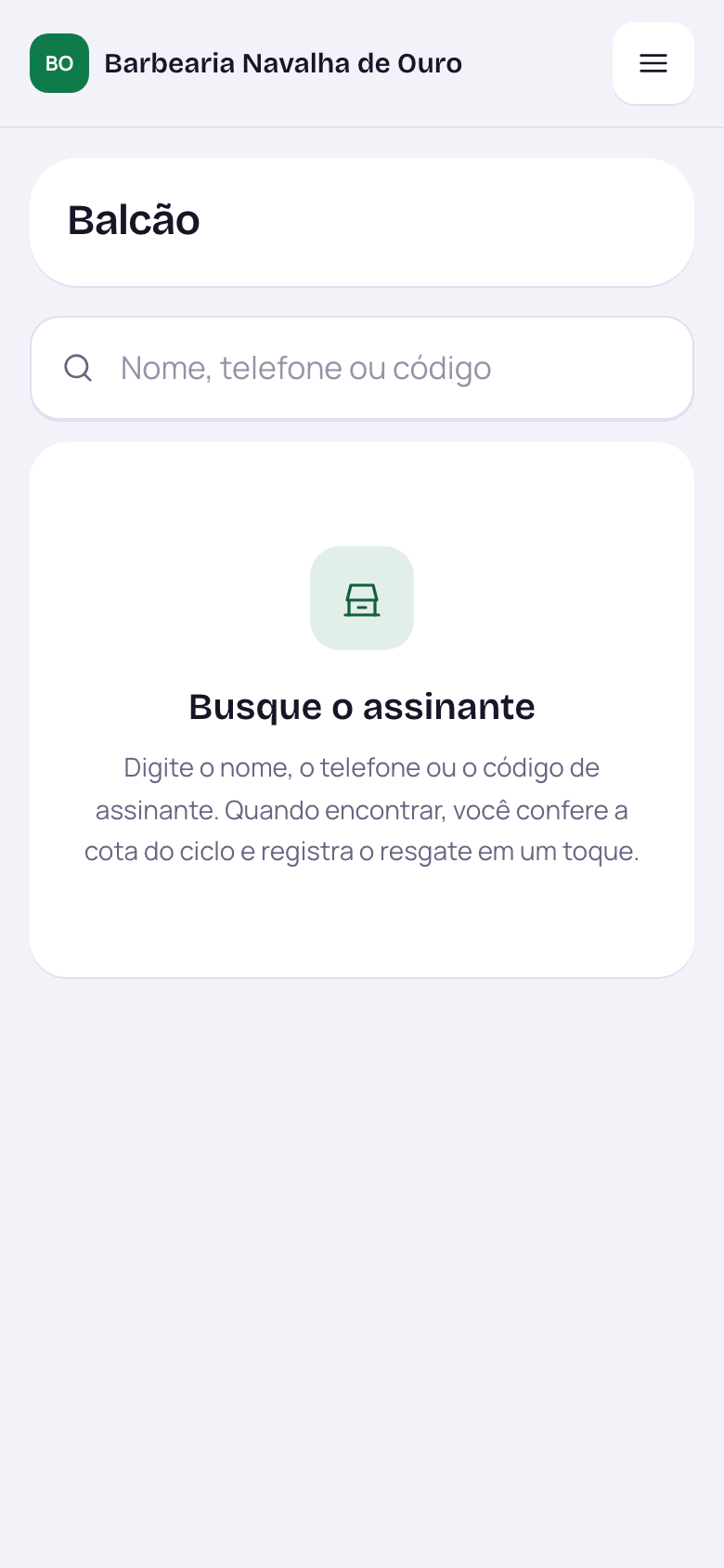 Tela de balcão no celular, a 390 px: campo de busca grande e o estado que ensina o próximo passo.